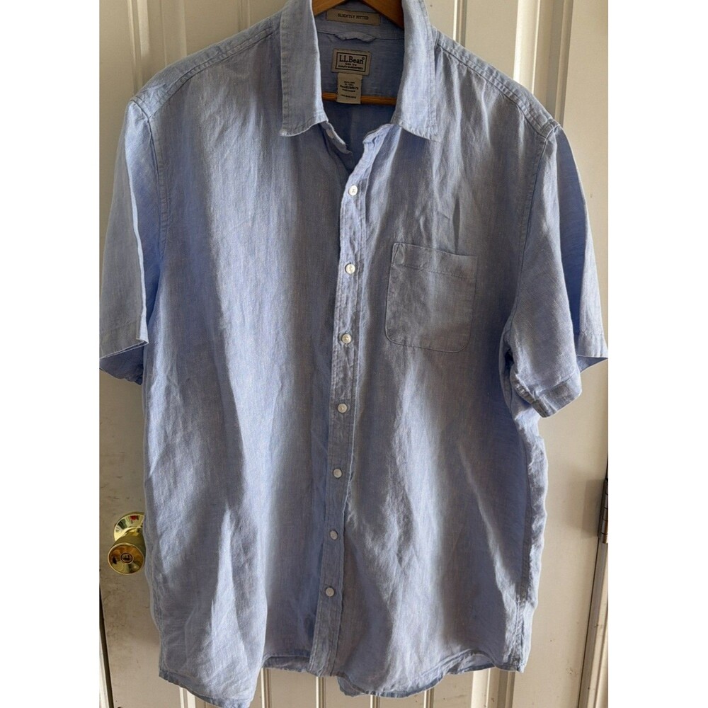 LL Bean 100% Linen Shirt Men’s Size XL Tall Short Sleeve Button Down Blue
